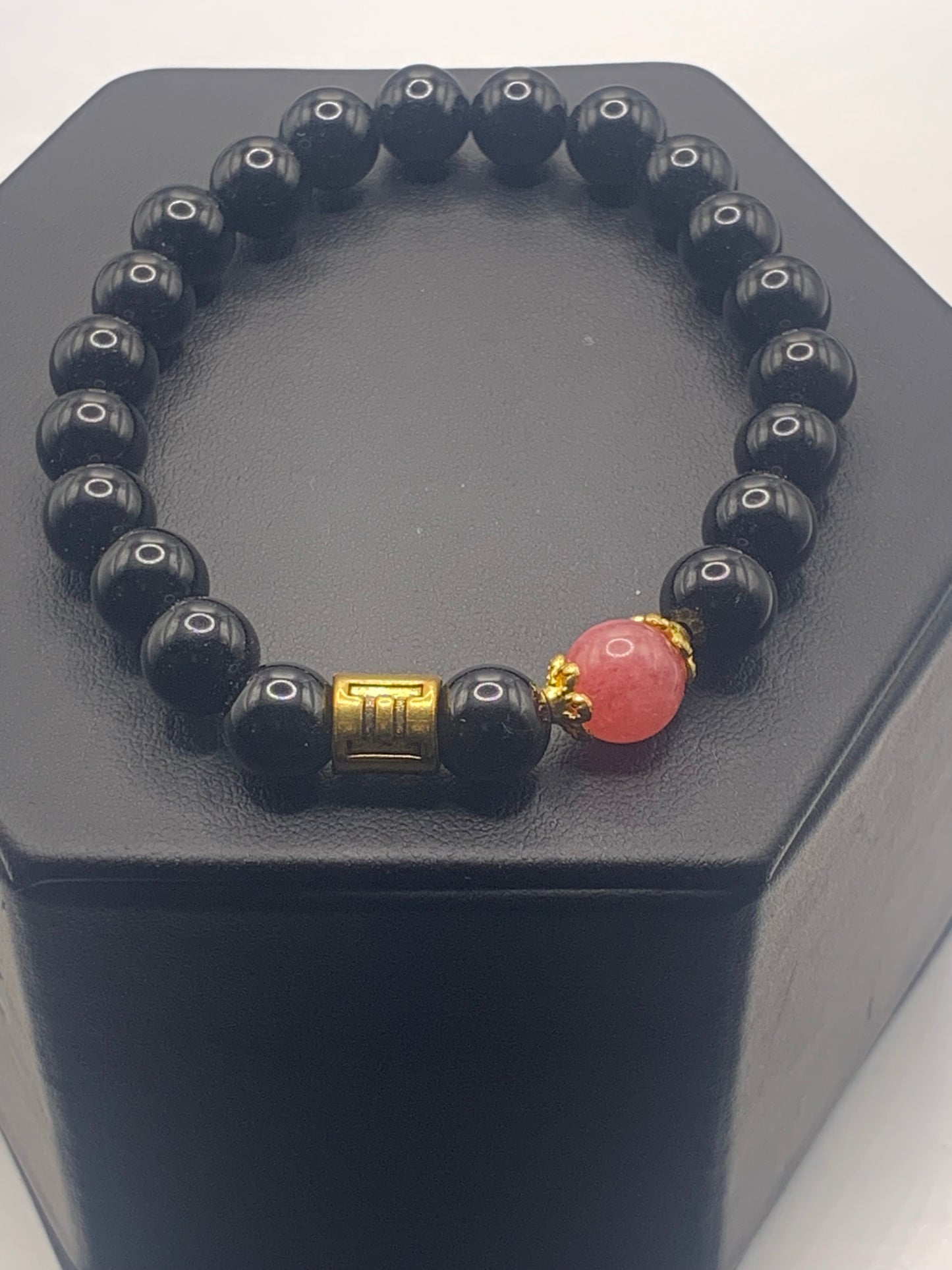 Gemini Zodiac black obsidian with pink chalcedony elastic beaded bracelet with gold accents
