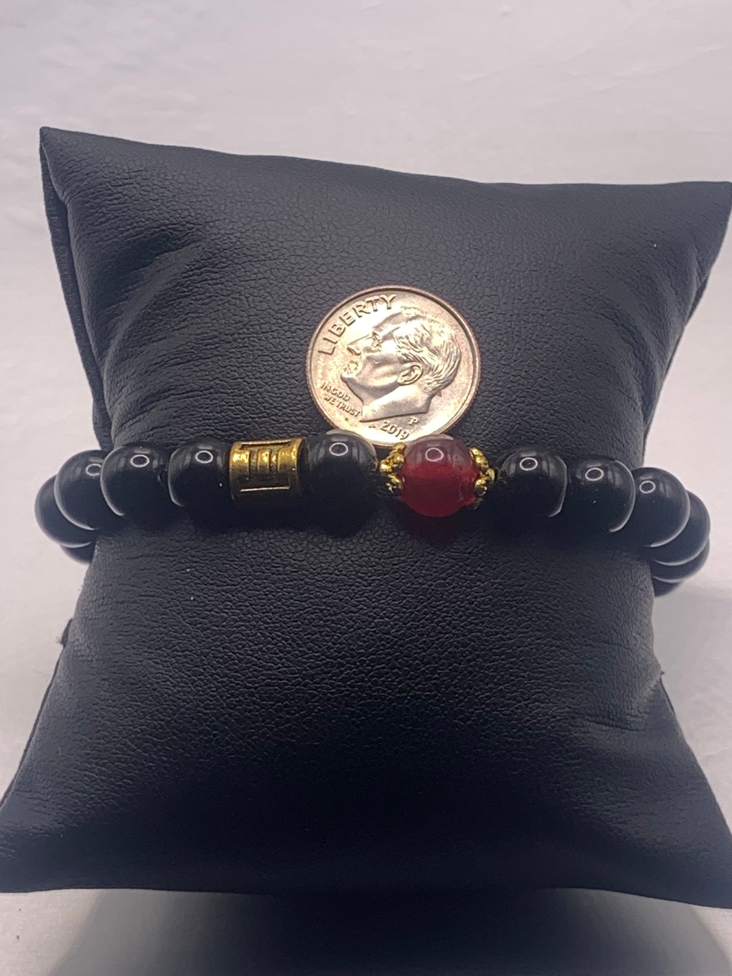 Gemini Zodiac black obsidian with red chalcedony elastic beaded bracelet with gold accents