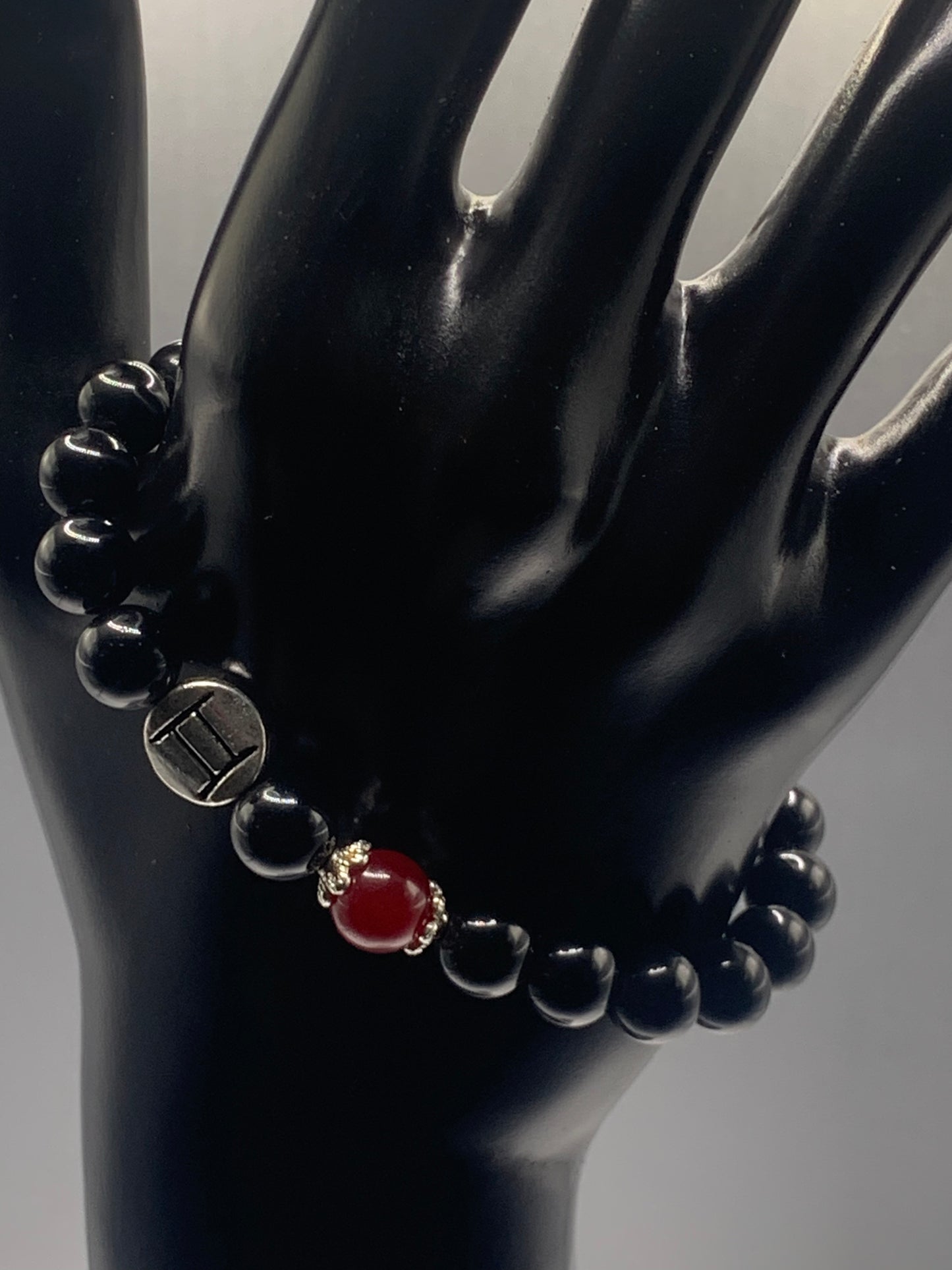 Gemini Zodiac black obsidian with red chalcedony elastic beaded bracelet with silver accents