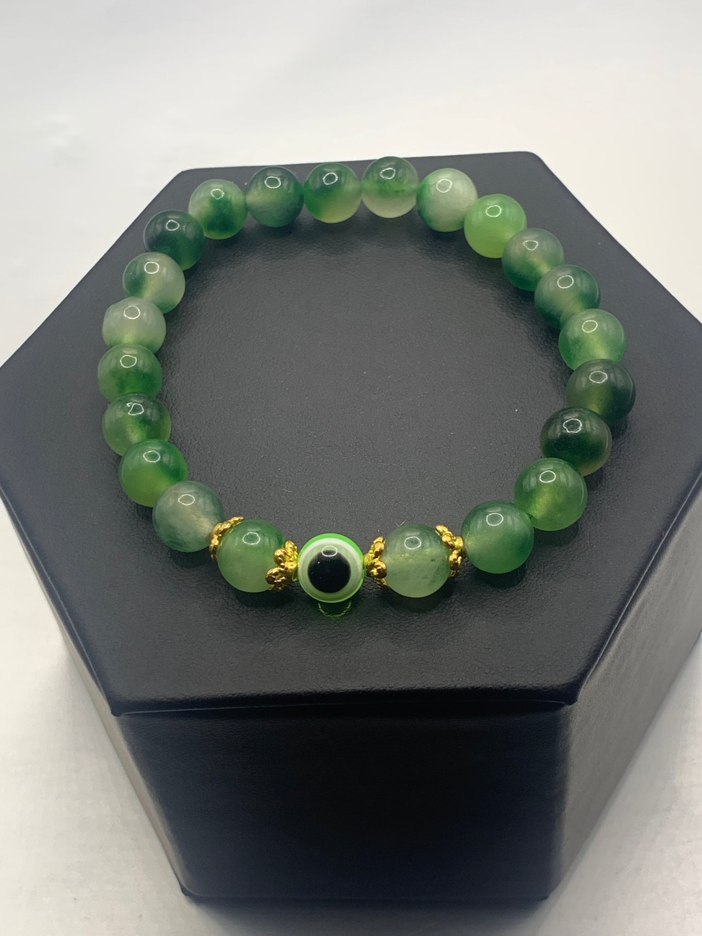 Green agate semi precious stone/crystal with resin evil eye beaded elastic bracelet