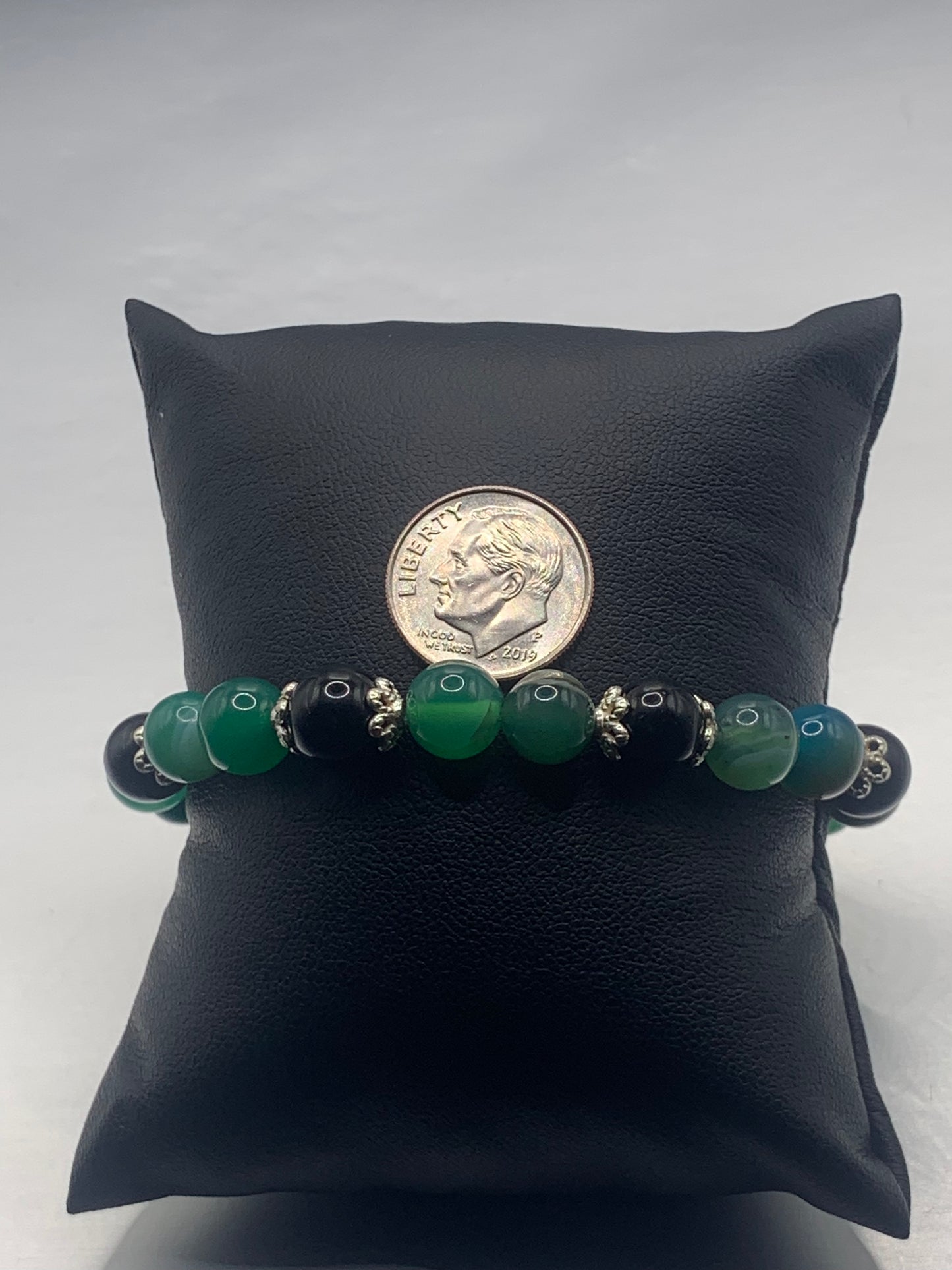 Black obsidian with green lace agate semi precious stone/crystal beaded elastic bracelet with silver plated flower bead caps