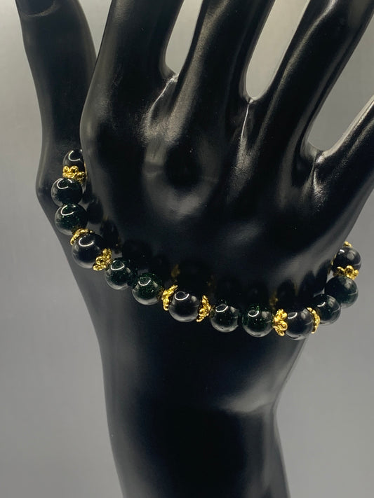 Black obsidian with green sandstone semi precious stone/crystal beaded elastic bracelet with gold plated flower bead caps