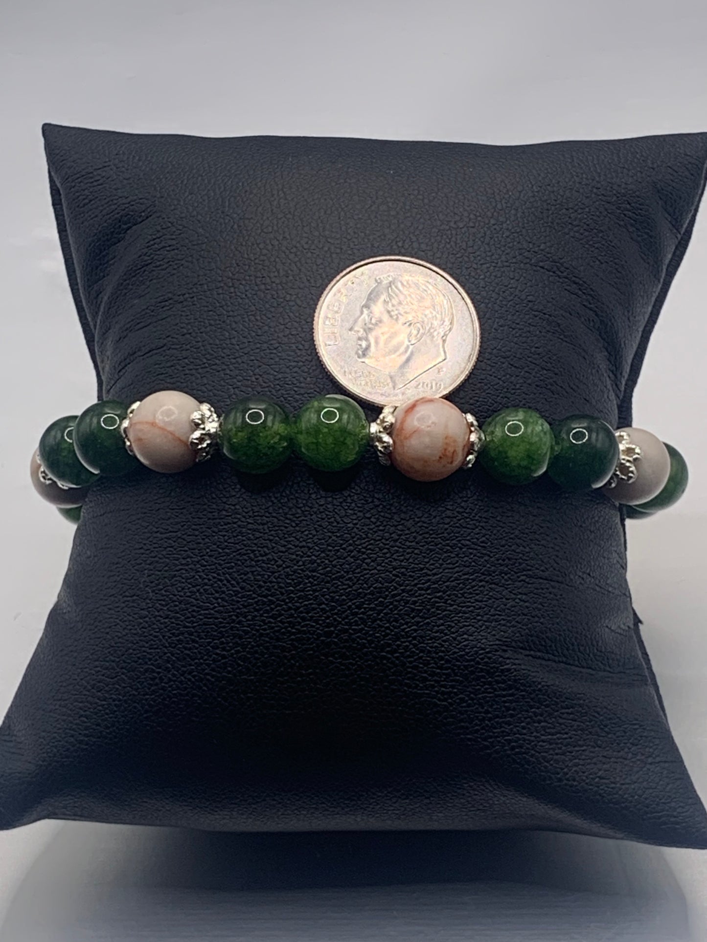Red vein jasper and green tourmaline semi precious stone/crystal elastic beaded bracelet with silver plated flower bead caps