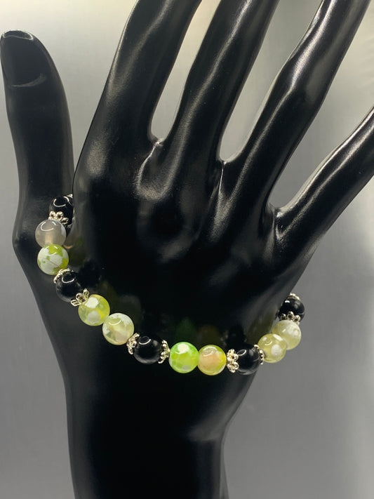 Black obsidian with yellow green white orca agate semi precious stone/crystal beaded elastic bracelet with silver plated flower bead caps