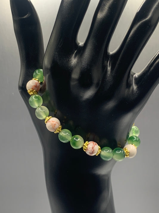 Red vein jasper and green agate semi precious stone/crystal elastic beaded bracelet with gold plated flower bead caps