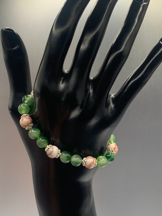 Red vein jasper and green agate semi precious stone/crystal elastic beaded bracelet with silver plated flower bead caps