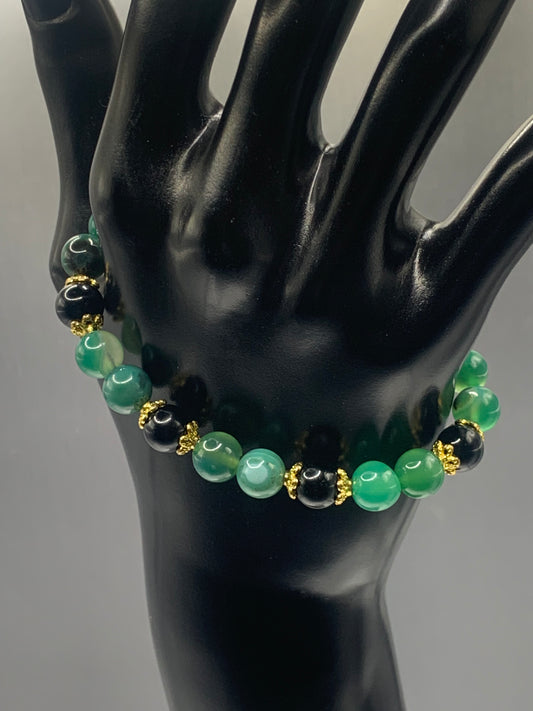 Black obsidian with green lace agate semi precious stone/crystal beaded elastic bracelet with gold plated flower bead caps