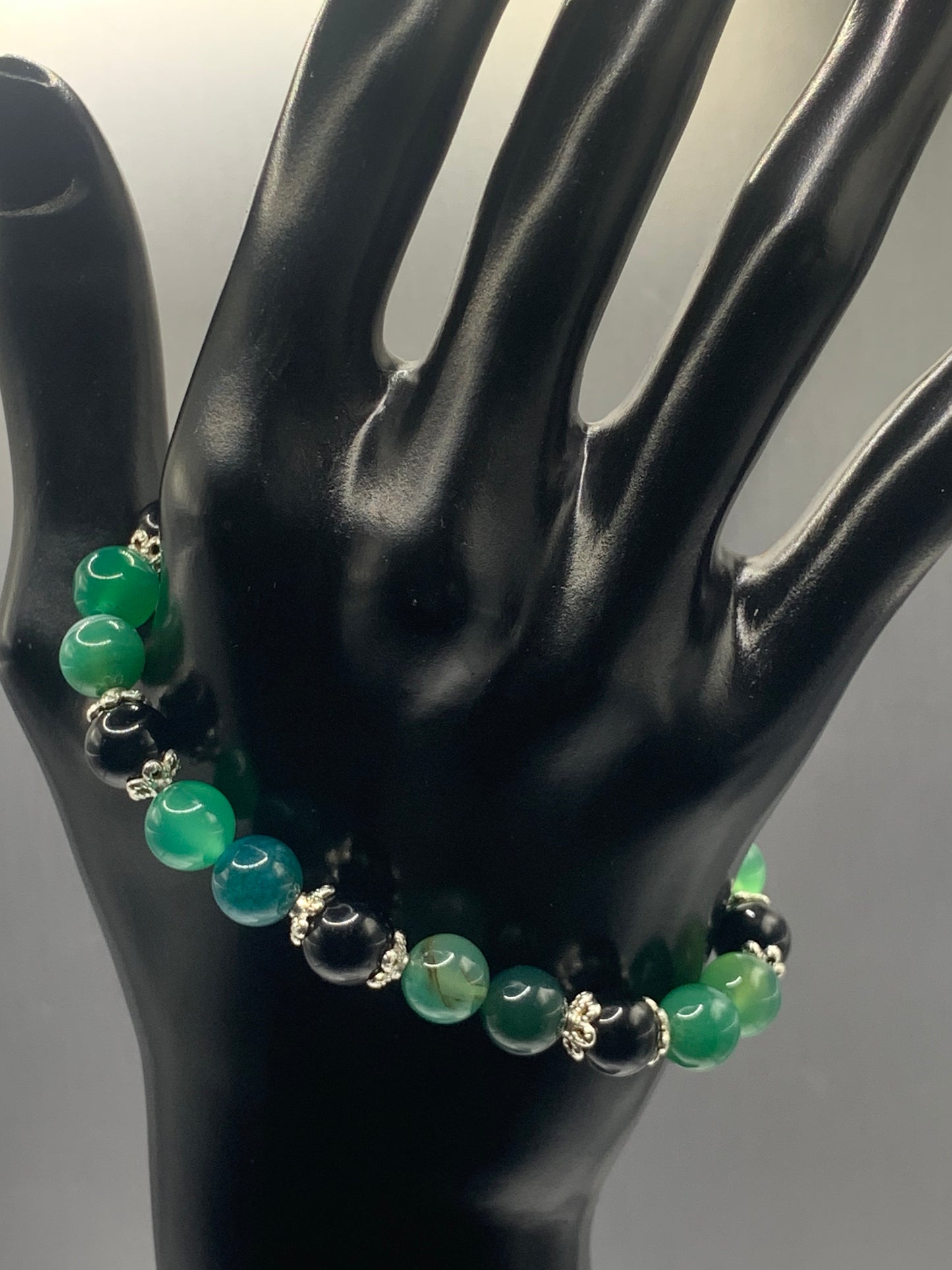 Black obsidian with green lace agate semi precious stone/crystal beaded elastic bracelet with silver plated flower bead caps