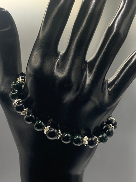Black obsidian with green sandstone semi precious stone/crystal beaded elastic bracelet with silver plated flower bead caps