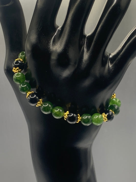 Black obsidian with green tourmaline semi precious stone/crystal beaded elastic bracelet with gold plated flower bead caps