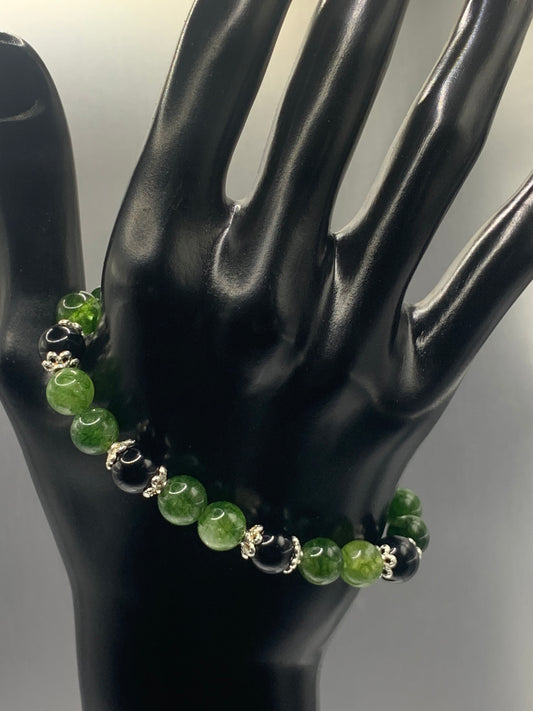 Black obsidian with green tourmaline semi precious stone/crystal beaded elastic bracelet with silver plated flower bead caps