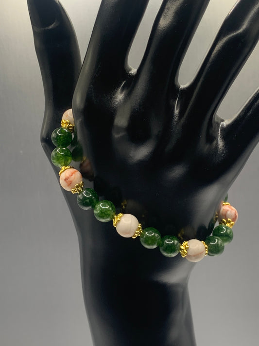 Red vein jasper and green tourmaline semi precious stone/crystal elastic beaded bracelet with gold plated flower bead caps