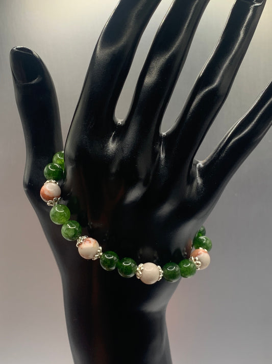 Red vein jasper and green tourmaline semi precious stone/crystal elastic beaded bracelet with silver plated flower bead caps