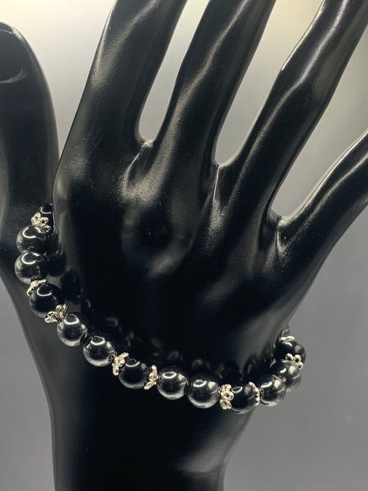 Black obsidian with hematite semi precious stone/crystal beaded elastic bracelet with silver plated flower bead caps