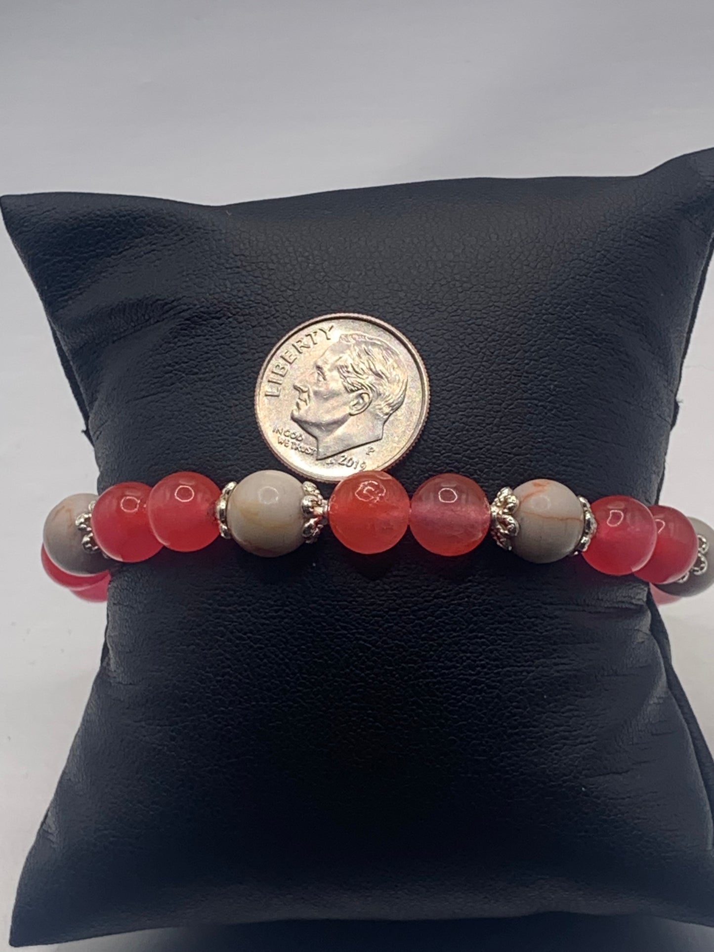 Red vein jasper and hot pink agate semi precious stone/crystal elastic beaded bracelet with silver plated flower bead caps