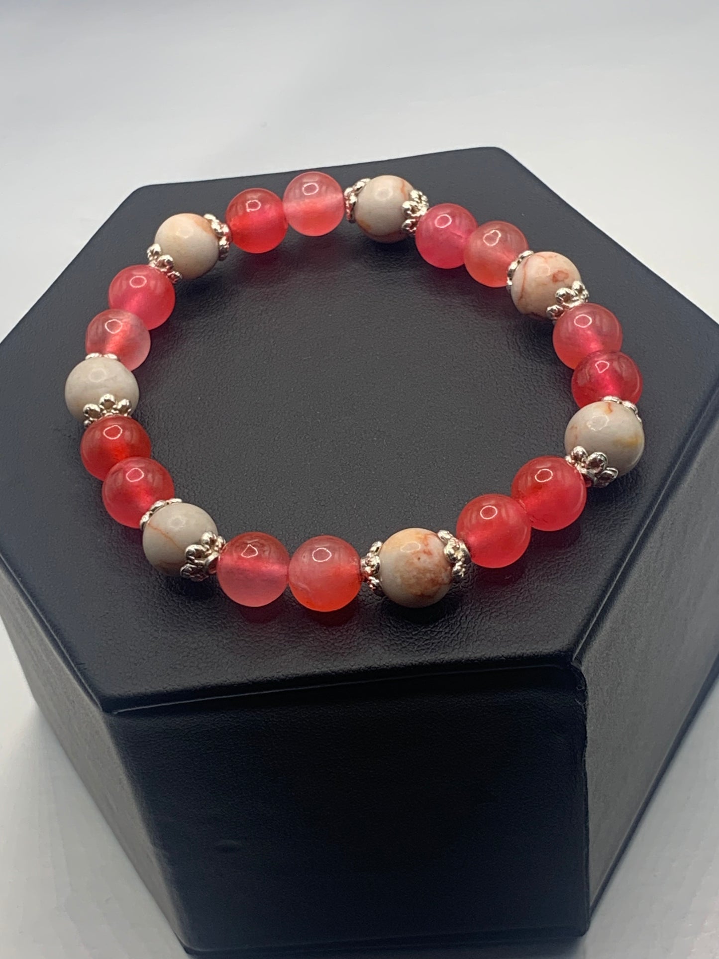 Red vein jasper and hot pink agate semi precious stone/crystal elastic beaded bracelet with silver plated flower bead caps