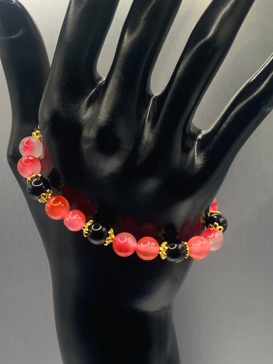 Black obsidian with hot pink agate semi precious stone/crystal beaded elastic bracelet with gold plated flower bead caps