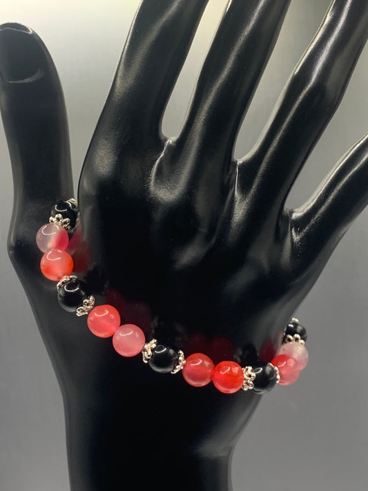 Black obsidian with hot pink agate semi precious stone/crystal beaded elastic bracelet with silver plated flower bead caps
