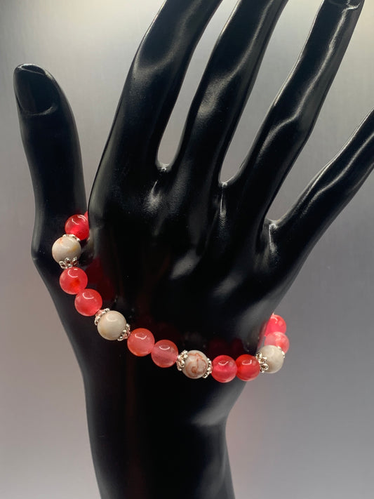 Red vein jasper and hot pink agate semi precious stone/crystal elastic beaded bracelet with silver plated flower bead caps