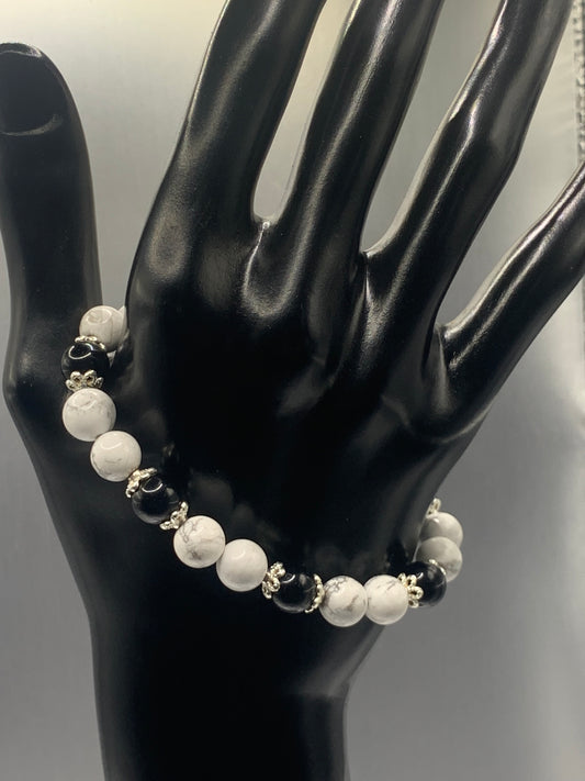Black obsidian with howlite semi precious stone/crystal beaded elastic bracelet with silver plated flower bead caps