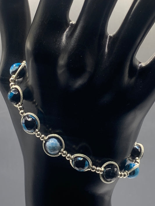 Blue orca agate semi precious stone/crystal elastic beaded bracelet with silver colored rings