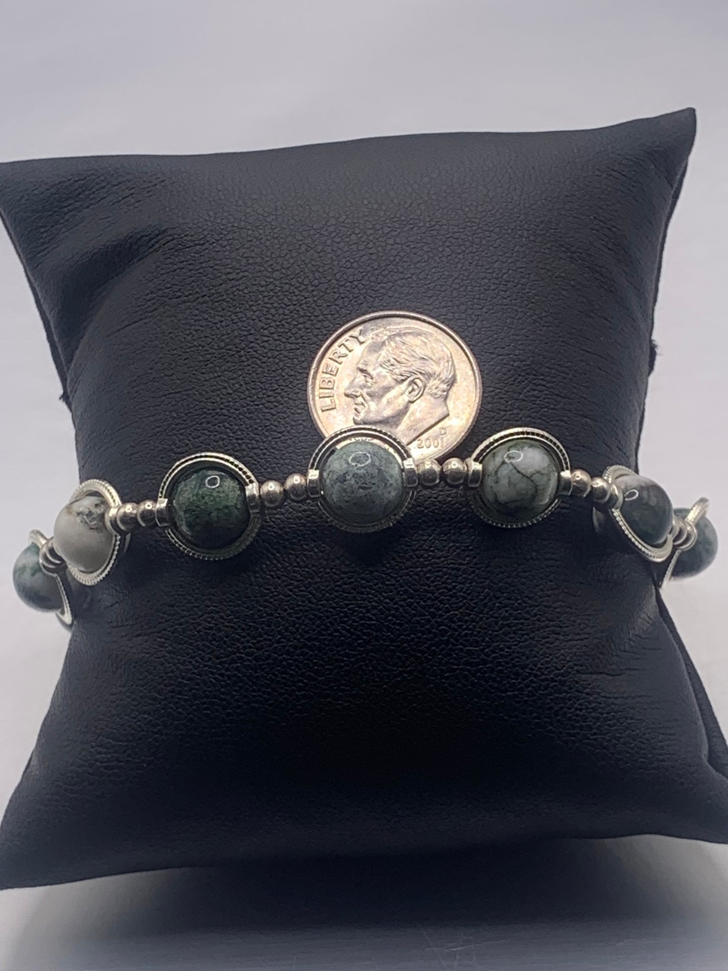 Tree moss agate semi precious stone/crystal elastic beaded bracelet with silver colored rings