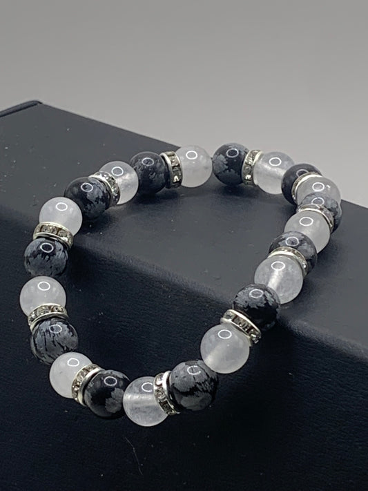 Snowflake obsidian and white chalcedony semi precious stone/crystal elastic beaded bracelet with clear rondelle's