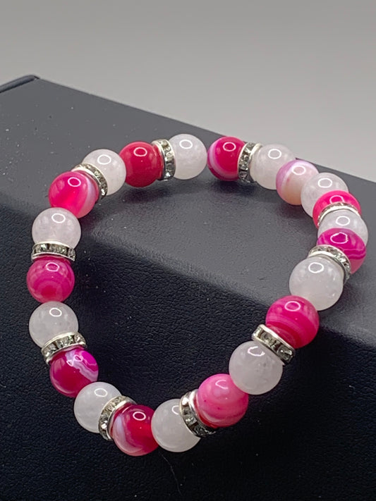 Pink lace agate and white chalcedony semi precious stone/crystal elastic beaded bracelet with clear rondelle's