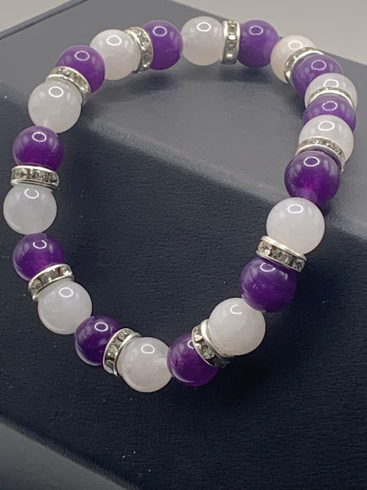 Dark purple chalcedony and white chalcedony semi precious stone/crystal elastic beaded bracelet with clear rondelle's