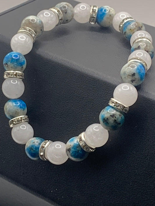 K2 jasper and white chalcedony semi precious stone/crystal elastic beaded bracelet with clear rondelle's