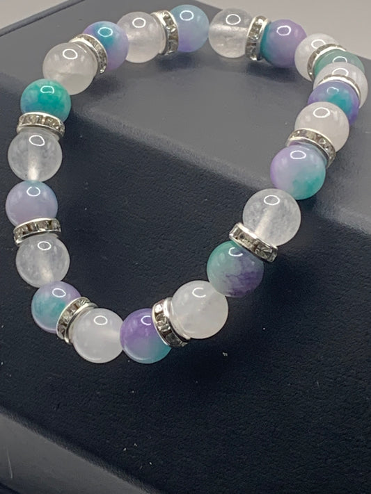 Mermaid chalcedony and white chalcedony semi precious stone/crystal elastic beaded bracelet with clear rondelle's