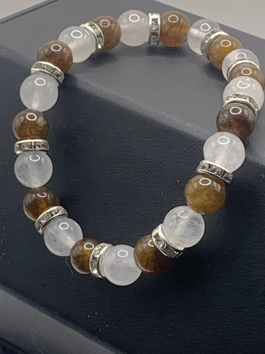 Brown tourmaline and white chalcedony semi precious stone/crystal elastic beaded bracelet with clear rondelle's