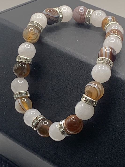 Coffee lace agate and white chalcedony semi precious stone/crystal elastic beaded bracelet with clear rondelle's
