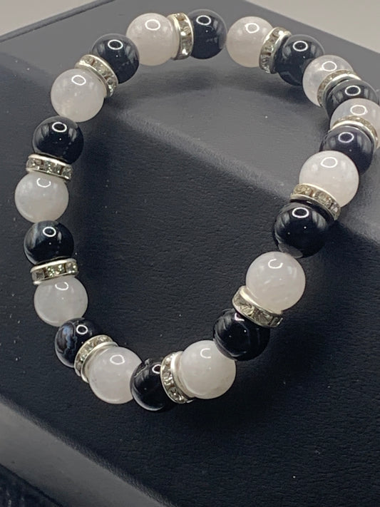 Black lace agate and white chalcedony semi precious stone/crystal elastic beaded bracelet with clear rondelle's