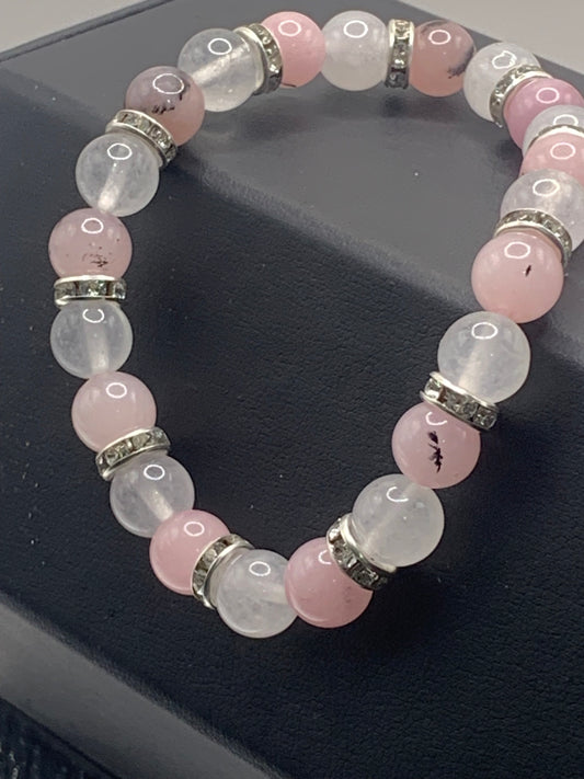 Pink opal chalcedony and white chalcedony semi precious stone/crystal elastic beaded bracelet with clear rondelle's