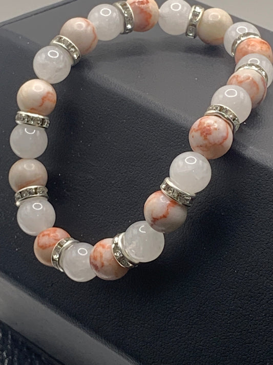 Red vein jasper and white chalcedony semi precious stone/crystal elastic beaded bracelet with clear rondelle's