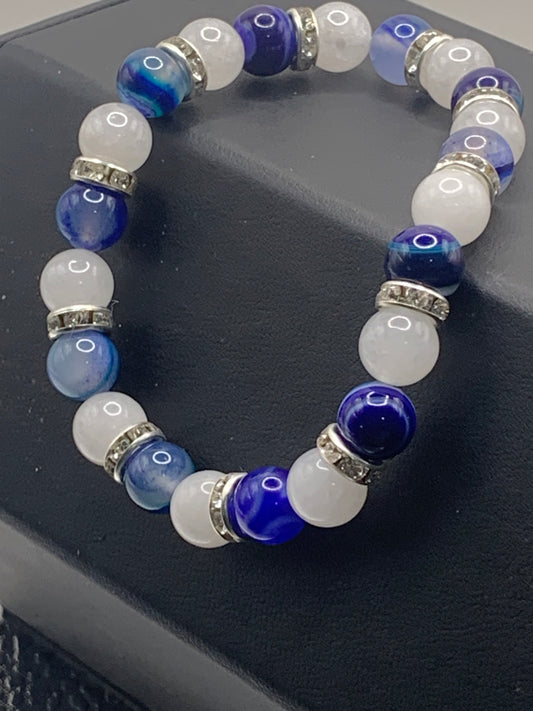 Blue lace agate and white chalcedony semi precious stone/crystal elastic beaded bracelet with clear rondelle's