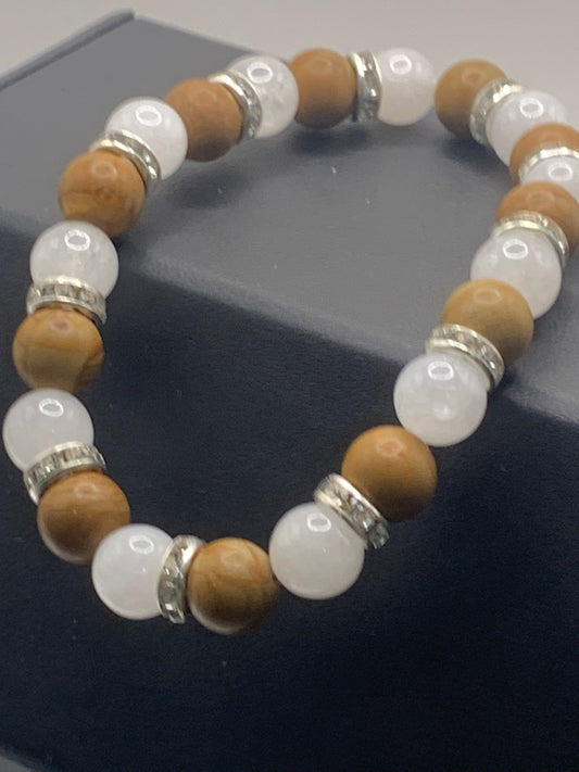 Wood jasper and white chalcedony semi precious stone/crystal elastic beaded bracelet with clear rondelle's