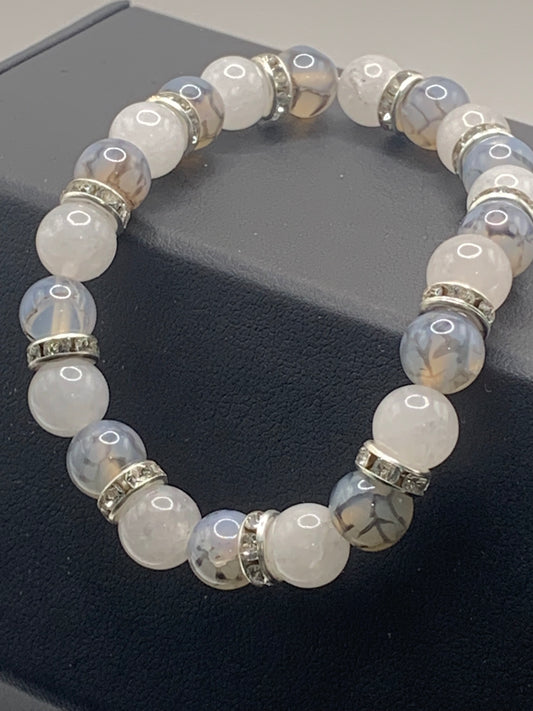 Dragon vein and white chalcedony semi precious stone/crystal elastic beaded bracelet with clear rondelle's