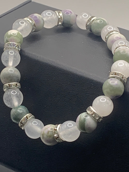 Lucky jade and white chalcedony semi precious stone/crystal elastic beaded bracelet with clear rondelle's