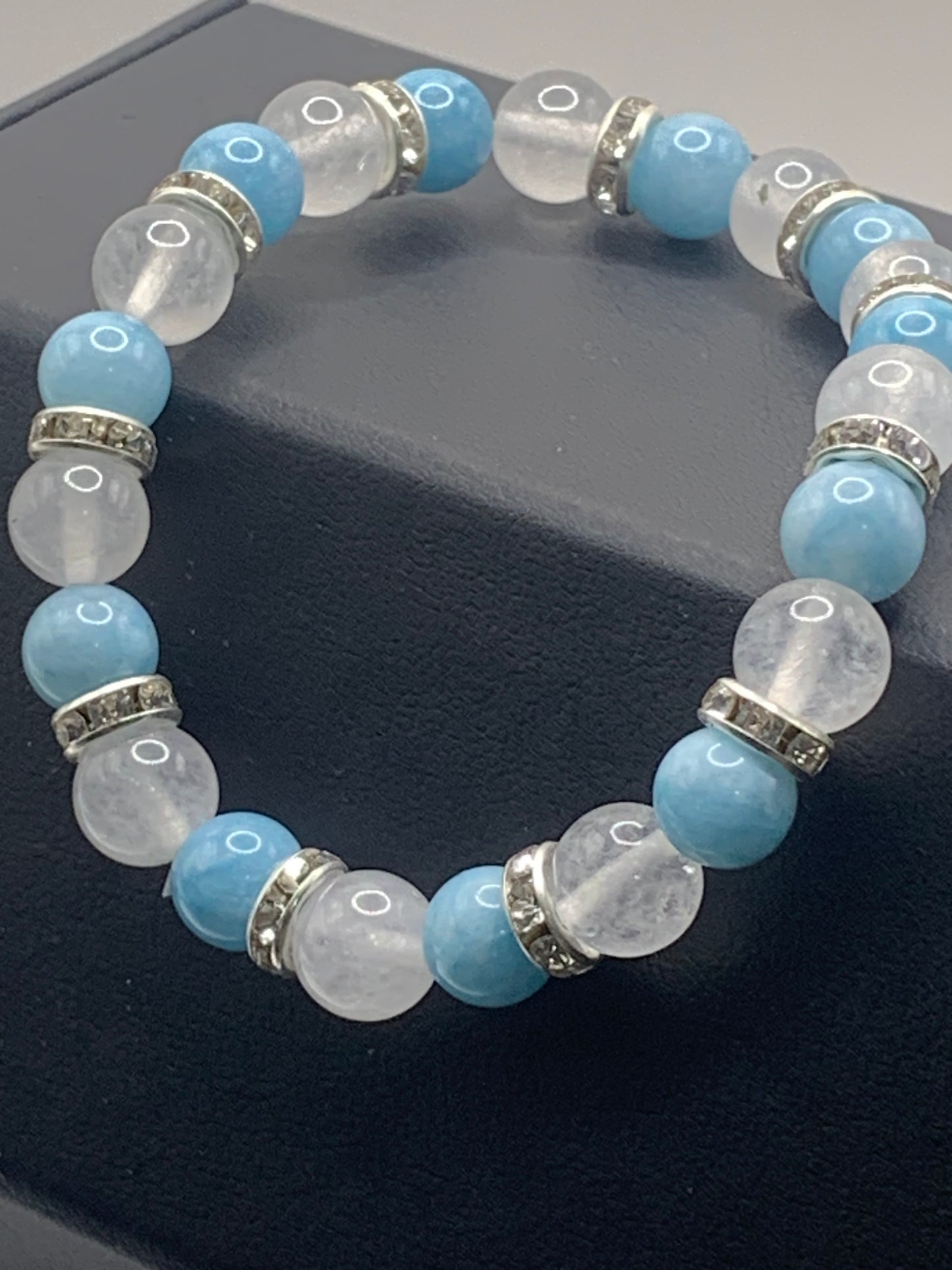 Sky blue chalcedony and white chalcedony semi precious stone/crystal elastic beaded bracelet with clear rondelle's