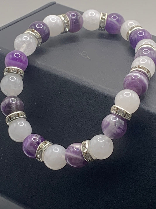 Dream amethyst and white chalcedony semi precious stone/crystal elastic beaded bracelet with clear rondelle's