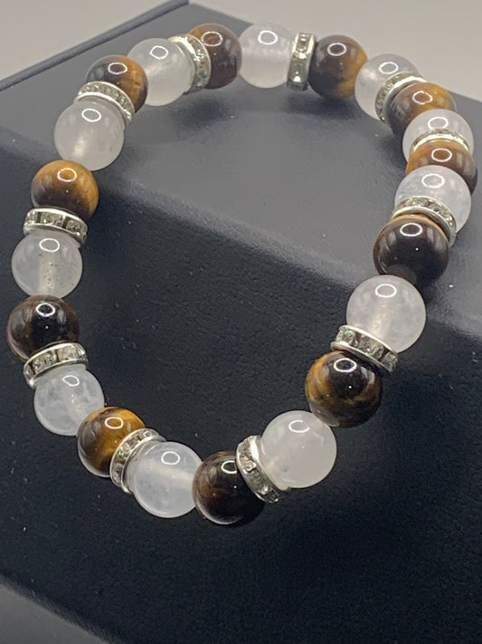 Tigers eye and white chalcedony semi precious stone/crystal elastic beaded bracelet with clear rondelle's