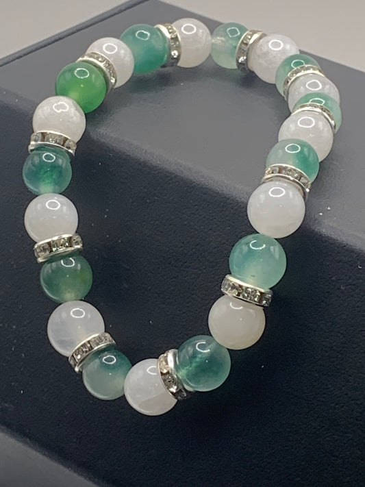 Blue green agate and white chalcedony semi precious stone/crystal elastic beaded bracelet with clear rondelle's