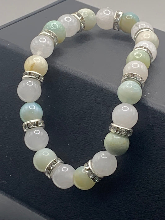 Amazonite and white chalcedony semi precious stone/crystal elastic beaded bracelet with clear rondelle's