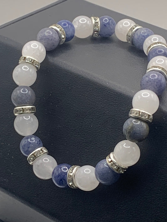 Blue aventurine and white chalcedony semi precious stone/crystal elastic beaded bracelet with clear rondelle's