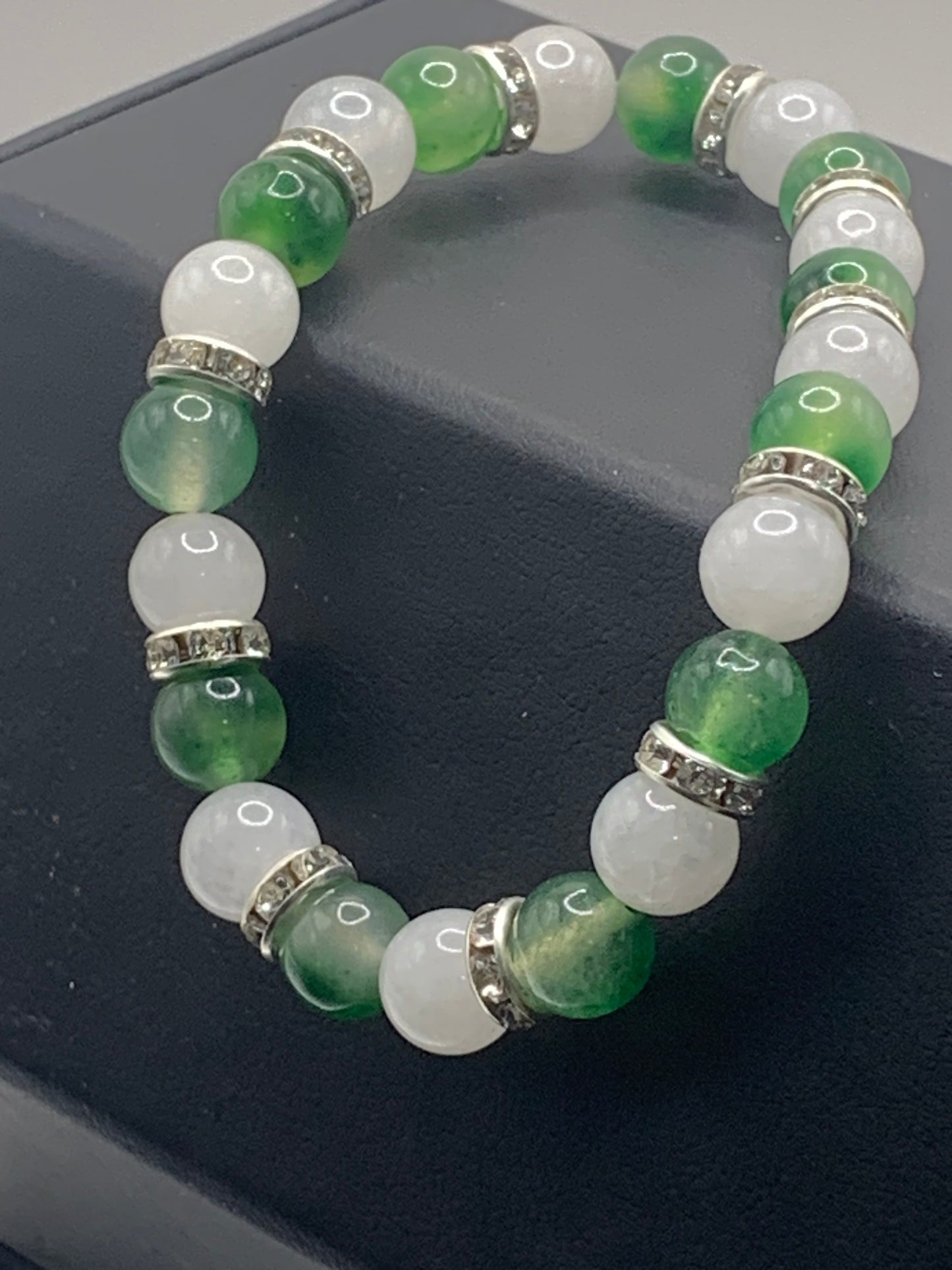 Green agate and white chalcedony semi precious stone/crystal elastic beaded bracelet with clear rondelle's