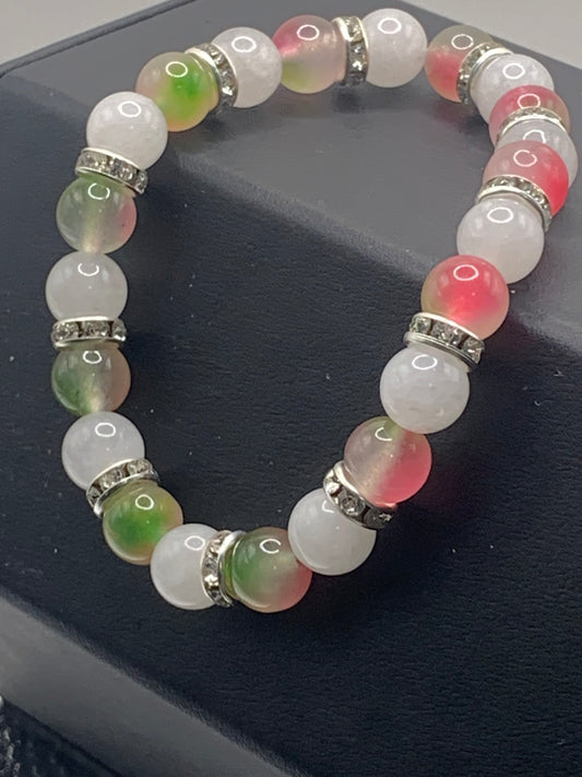 Watermelon chalcedony and white chalcedony semi precious stone/crystal elastic beaded bracelet with clear rondelle's