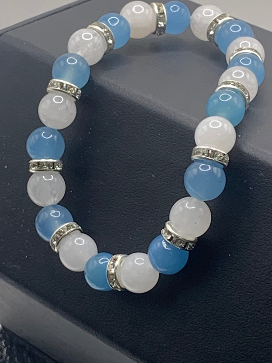 Blue agate and white chalcedony semi precious stone/crystal elastic beaded bracelet with clear rondelle's