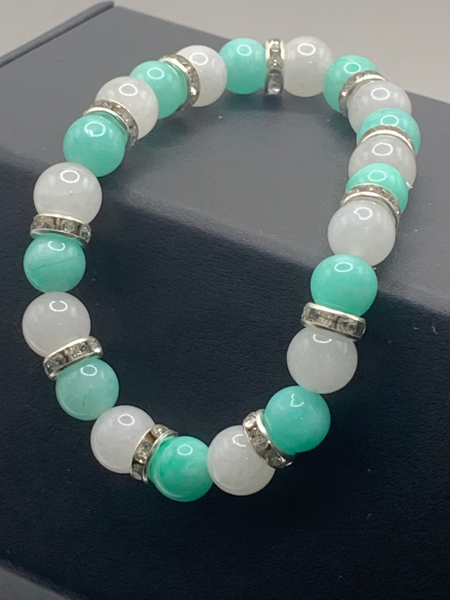 Teal blue chalcedony and white chalcedony semi precious stone/crystal elastic beaded bracelet with clear rondelle's